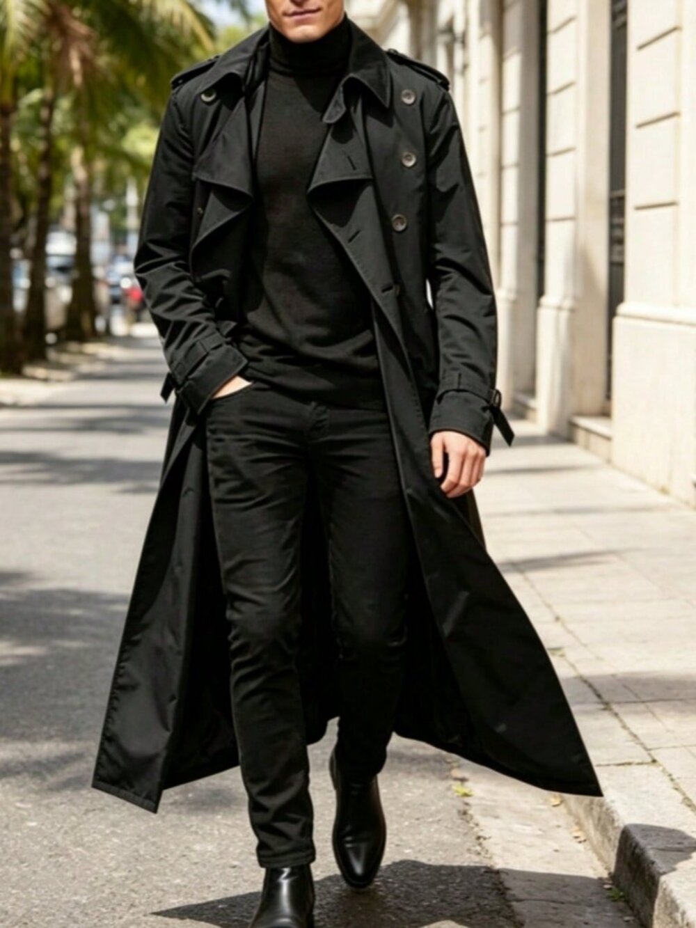 Black Minimalist Men's Double Button Pocket Trench Coat